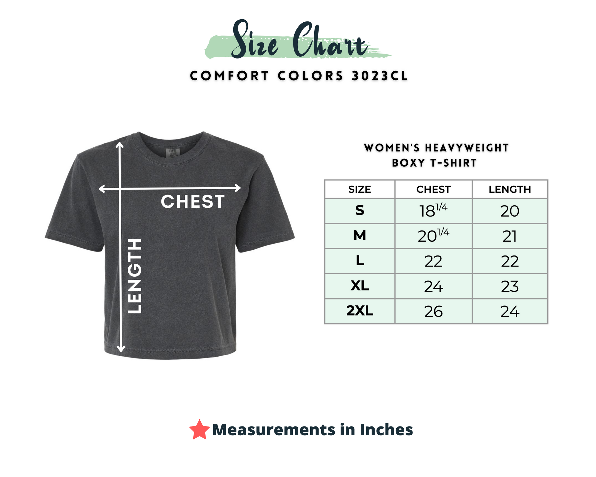 Comfort Colors 3023 Boxy T-Shirt Size Chart