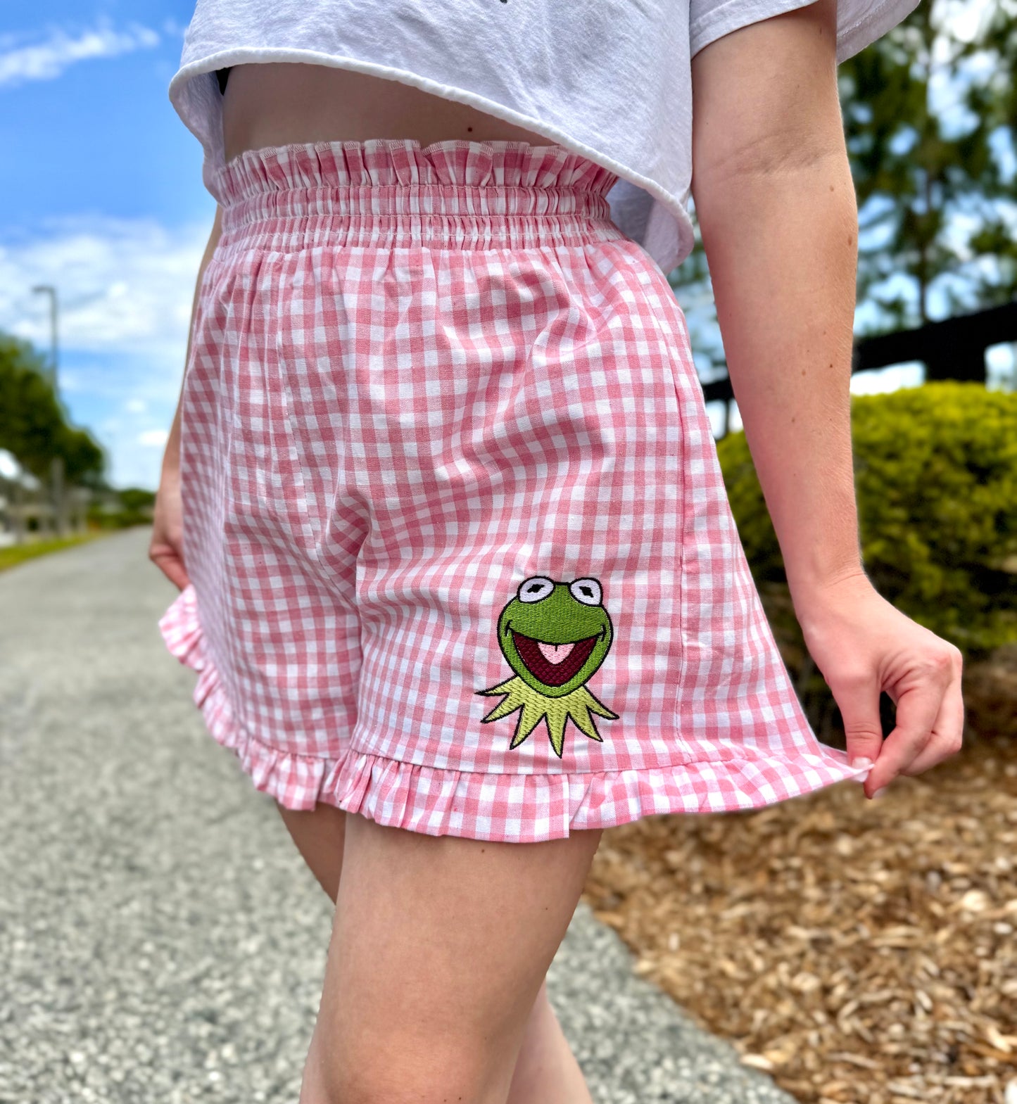 Embroidered Kermit Gingham Shorts